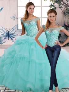 Glorious Aqua Blue Sleeveless Beading and Ruffles Floor Length 15 Quinceanera Dress