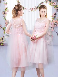 Clearance Sleeveless Tea Length Appliques and Belt Lace Up Wedding Guest Dresses with Baby Pink