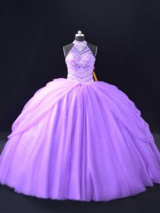 Floor Length Quince Ball Gowns Lavender for Sweet 16 and Quinceanera with Beading and Pick Ups
