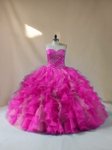 Great Ball Gowns Sweet 16 Quinceanera Dress Fuchsia Sweetheart Organza Sleeveless Floor Length Lace Up