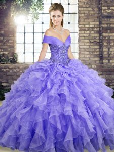 Lavender Lace Up Ball Gown Prom Dress Beading and Ruffles Sleeveless Brush Train