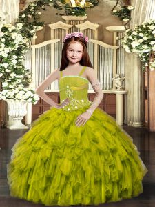 Olive Green Tulle Lace Up Straps Sleeveless Floor Length Kids Pageant Dress Ruffles