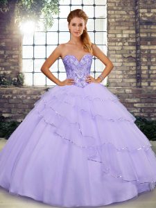 Brush Train Ball Gowns Quinceanera Dress Lavender Sweetheart Tulle Sleeveless Lace Up