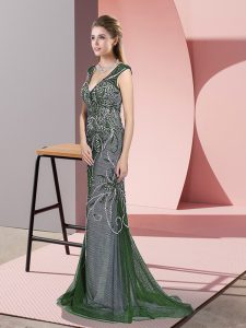 Noble Green Zipper V-neck Beading Prom Evening Gown Tulle Sleeveless Sweep Train