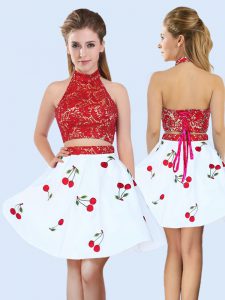 White And Red Sleeveless Mini Length Lace and Pattern Lace Up Court Dresses for Sweet 16