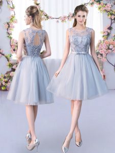 Free and Easy Grey Empire Scoop Sleeveless Tulle Knee Length Lace Up Lace and Belt Dama Dress for Quinceanera