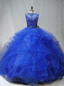 Scoop Sleeveless Brush Train Lace Up 15 Quinceanera Dress Royal Blue Tulle