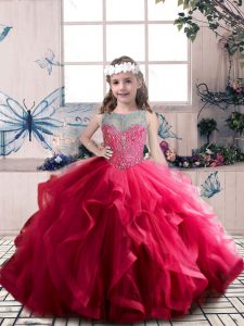 Adorable Sleeveless Lace Up Floor Length Beading and Ruffles Little Girl Pageant Gowns