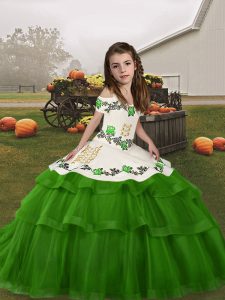 Sleeveless Floor Length Embroidery and Ruffled Layers Lace Up Kids Pageant Dress with Green