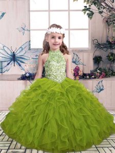 Excellent Sleeveless Floor Length Beading and Ruffles Lace Up Little Girls Pageant Dress Wholesale with Olive Green