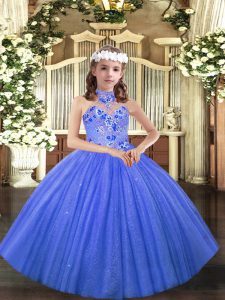 Lovely Tulle Halter Top Sleeveless Lace Up Appliques Little Girls Pageant Dress in Blue