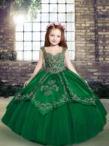 Graceful Straps Sleeveless Little Girl Pageant Dress Floor Length Beading and Embroidery Dark Green Tulle