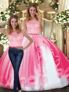 Wonderful Hot Pink Two Pieces Scoop Sleeveless Tulle Floor Length Clasp Handle Lace and Ruffles Quinceanera Gowns