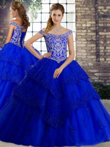 Royal Blue Tulle Lace Up Sweet 16 Quinceanera Dress Sleeveless Brush Train Beading and Lace