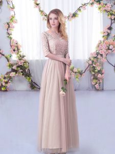 Eye-catching Pink Side Zipper Court Dresses for Sweet 16 Lace and Belt Half Sleeves Floor Length