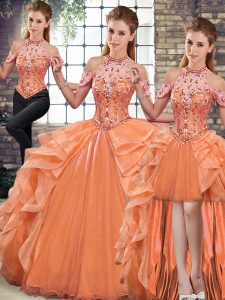 Chic Floor Length Orange Quinceanera Dresses Organza Sleeveless Beading and Ruffles