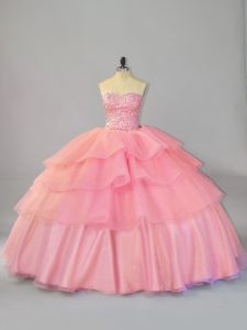 Custom Fit Watermelon Red Ball Gowns Beading and Ruffles Vestidos de Quinceanera Lace Up Organza Sleeveless