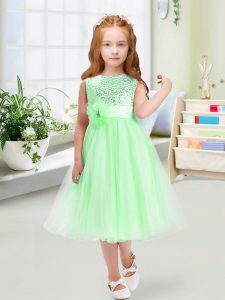 Tea Length Zipper Flower Girl Dresses for Wedding Party with Sequins and Hand Made Flower
