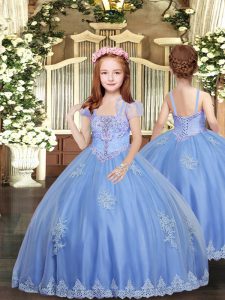 High End Baby Blue Straps Lace Up Appliques Little Girls Pageant Dress Sleeveless