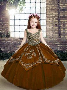 Brown Ball Gowns Beading and Embroidery Pageant Dresses Lace Up Tulle Sleeveless Floor Length