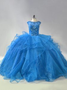 Colorful Sleeveless Beading and Ruffles Lace Up 15 Quinceanera Dress with Blue Brush Train