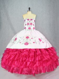 Dazzling Embroidery and Ruffled Layers Quince Ball Gowns Hot Pink Lace Up Sleeveless