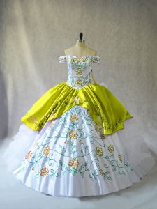 White Ball Gowns Organza Off The Shoulder Sleeveless Embroidery and Ruffles Floor Length Lace Up 15th Birthday Dress
