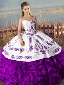 Sleeveless Organza Floor Length Lace Up Quinceanera Dresses in White And Purple with Embroidery and Ruffles