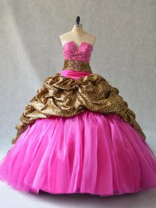 Hot Pink Organza Lace Up Quinceanera Gown Sleeveless Brush Train Beading and Pick Ups