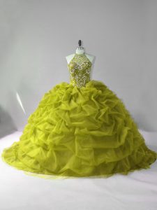 Olive Green 15th Birthday Dress Sweet 16 and Quinceanera with Beading and Pick Ups Halter Top Sleeveless Court Train Lace Up
