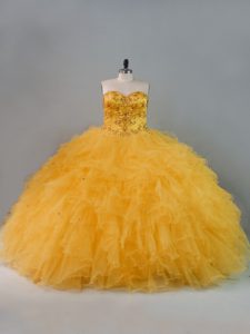Beading and Ruffles Quince Ball Gowns Gold Lace Up Sleeveless Floor Length
