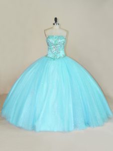 Simple Aqua Blue Ball Gowns Tulle Strapless Sleeveless Beading Floor Length Lace Up Quinceanera Dress