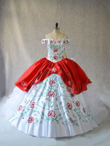Inexpensive White And Red Organza Lace Up Off The Shoulder Sleeveless Sweet 16 Dresses Embroidery and Ruffled Layers