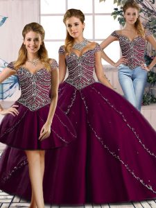 Discount Brush Train Three Pieces Quinceanera Gown Purple Sweetheart Tulle Cap Sleeves Lace Up