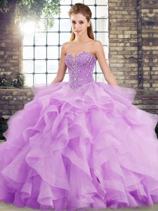 Lavender Ball Gowns Sweetheart Sleeveless Tulle Brush Train Lace Up Beading and Ruffles Quinceanera Gowns