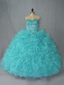 Great Beading and Ruffles Quinceanera Gown Aqua Blue Lace Up Sleeveless