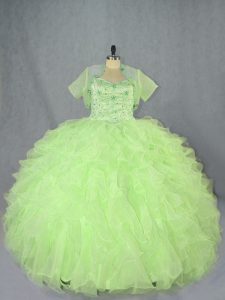 Noble Yellow Green Ball Gowns Beading and Ruffles Sweet 16 Dress Lace Up Organza Sleeveless Floor Length