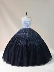 Graceful Black Ball Gowns Tulle Strapless Sleeveless Beading Floor Length Lace Up 15 Quinceanera Dress