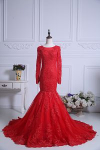 Great Lace Evening Dress Red Zipper Long Sleeves Court Train