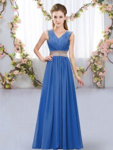V-neck Sleeveless Lace Up Wedding Party Dress Blue Chiffon