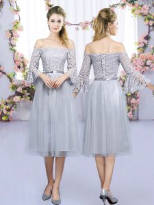 Grey Lace Up Off The Shoulder Lace and Belt Wedding Party Dress Tulle 3 4 Length Sleeve