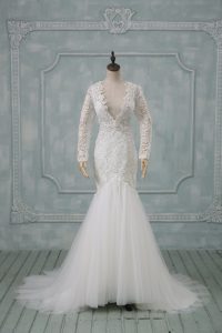 Stylish Brush Train Mermaid Bridal Gown White V-neck Tulle Long Sleeves Backless