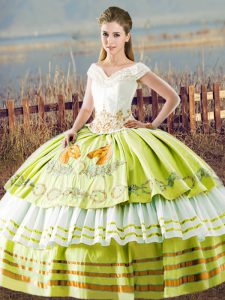 Luxury V-neck Sleeveless 15th Birthday Dress Floor Length Embroidery and Ruffled Layers Yellow Green Satin