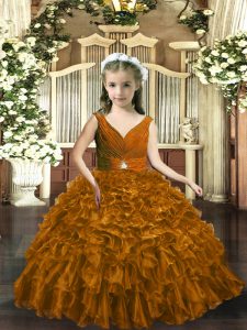 Elegant Floor Length Brown Little Girl Pageant Gowns Organza Sleeveless Beading and Ruffles