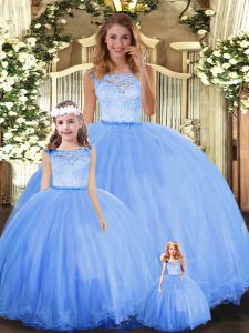 Glamorous Blue Scoop Neckline Lace Quinceanera Gowns Sleeveless Clasp Handle