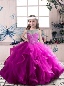 Floor Length Lace Up Pageant Gowns For Girls Fuchsia for Party and Wedding Party with Beading and Ruffles
