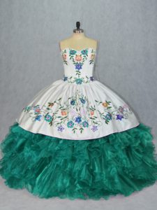 Enchanting Turquoise Organza Lace Up Sweetheart Sleeveless Floor Length 15th Birthday Dress Embroidery and Ruffles