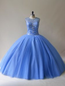 Floor Length Lace Up 15 Quinceanera Dress Baby Blue for Sweet 16 and Quinceanera with Beading