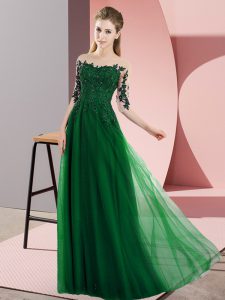 Dark Green Half Sleeves Beading and Lace Floor Length Bridesmaid Gown