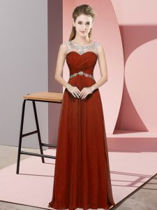 Floor Length Backless Prom Dress Rust Red for Prom and Party and Military Ball with Beading